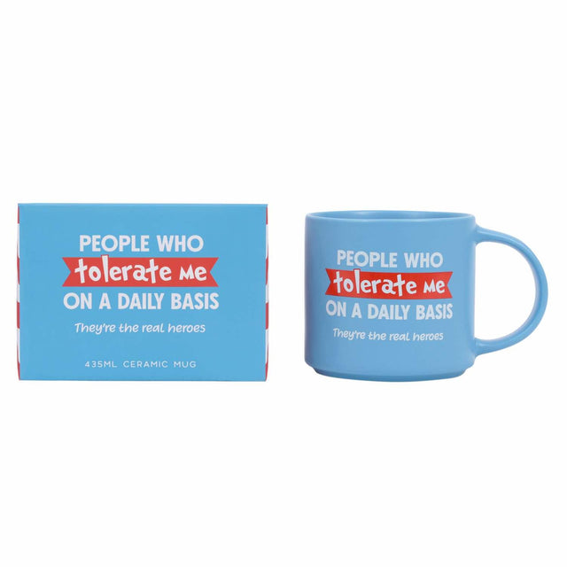 Close-up of Splosh Tolerate Mug text design, witty blue ceramic coffee mug with red and white lettering, funny mug for work or friends.