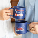 Person holding blue Splosh Cheeky Mugs with funny quotes – witty mugs for parents and coffee lovers.
