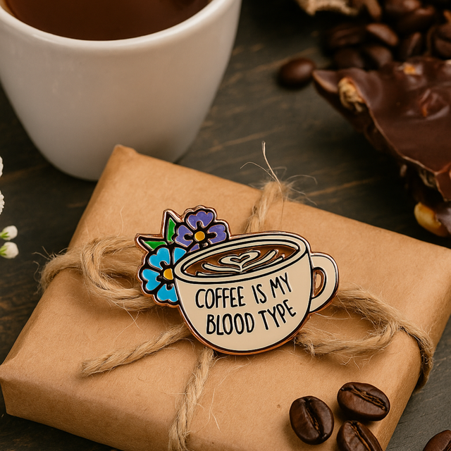 Coffee Lover enamel pin presented on a wrapped gift with ribbon and beans