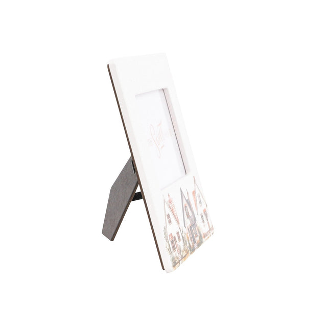 Side angle view of Splosh Cottage Grove 4x6 white photo frame with freestanding support
