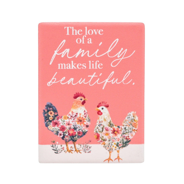 Cottage Grove Family ceramic fridge magnets by Splosh with heartful message and chicken design.