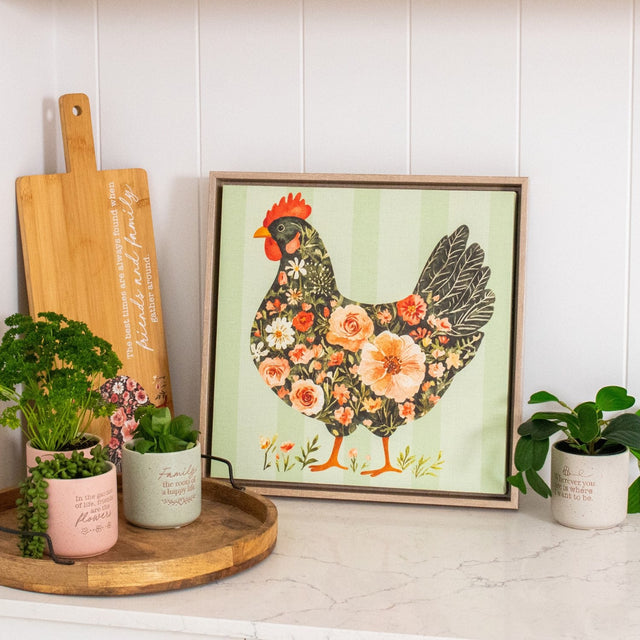 Splosh Cottage Grove Green Hen Framed Canvas by Splosh displayed in kitchen.