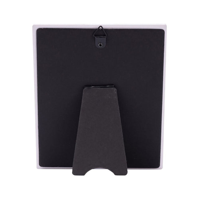 Close up of back of Cottage Grove mum Verse ceramic plaque featuring hook and stand