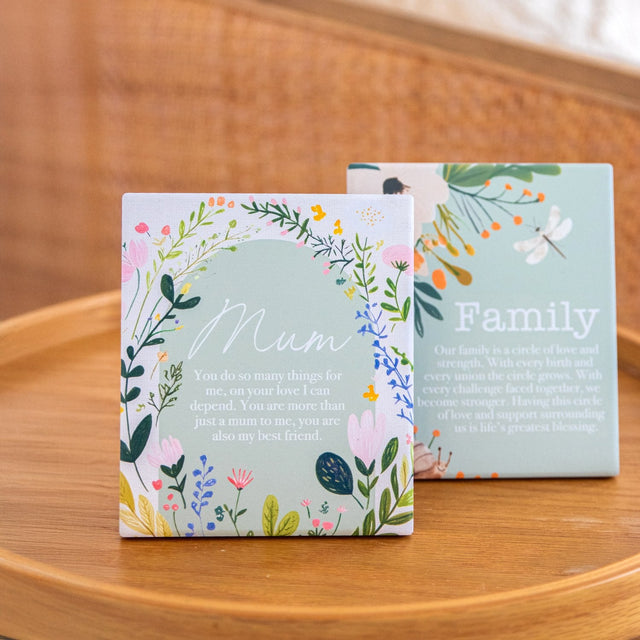 Splosh Cottage Grove Mum Verse decorative ceramic plaque displayed on table with other verses in collection