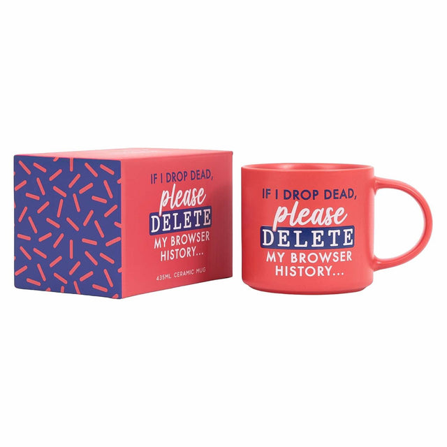 Splosh Delete Mug and packaging – funny gift mug with humorous slogan about browser history.