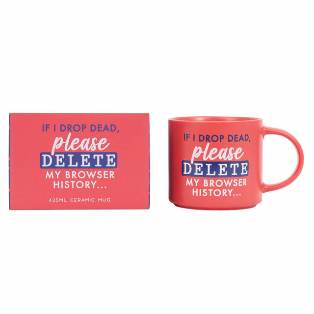 Close-up of Splosh Cheeky Mug Delete – funny coral mug with bold white and blue lettering for coffee lovers.