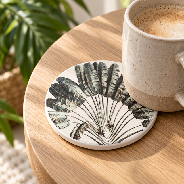 Splosh Exotic Fan ceramic coaster with coffee mug on a wooden table