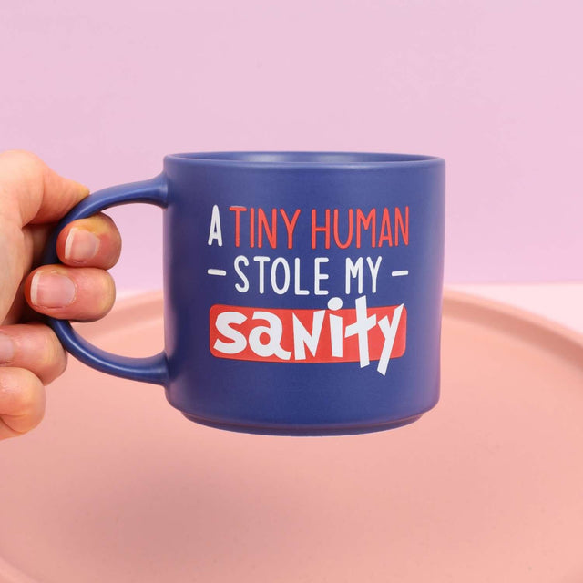 Splosh Cheeky Mug Sanity – blue ceramic mug with humorous parenting quote for work or home.