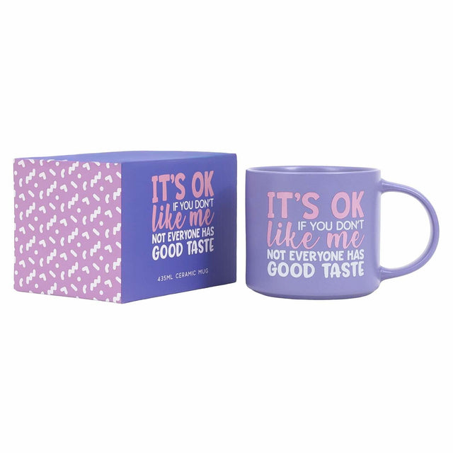 Splosh Cheeky Mug Good Taste shown with patterned gift box, purple humorous ceramic mug, great funny gift idea for him or her.