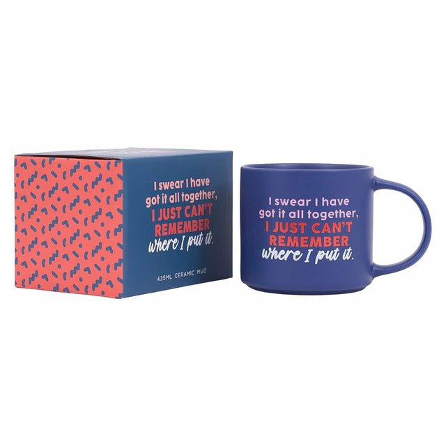 Splosh Cheeky Mug Remember displayed with colourful gift box, blue funny ceramic mug perfect for gifting to coworkers or friends.