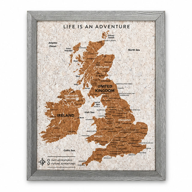 Splosh grey UK & Ireland travel map with grey woodgrain frame, front view on a white background