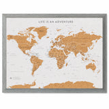 Splosh grey World travel map with grey woodgrain frame, front view on a white background
