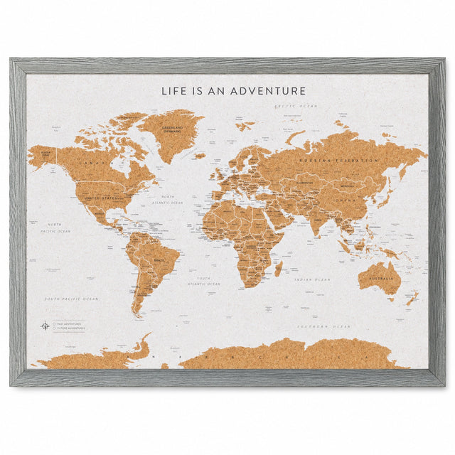 Splosh grey World travel map with grey woodgrain frame, front view on a white background