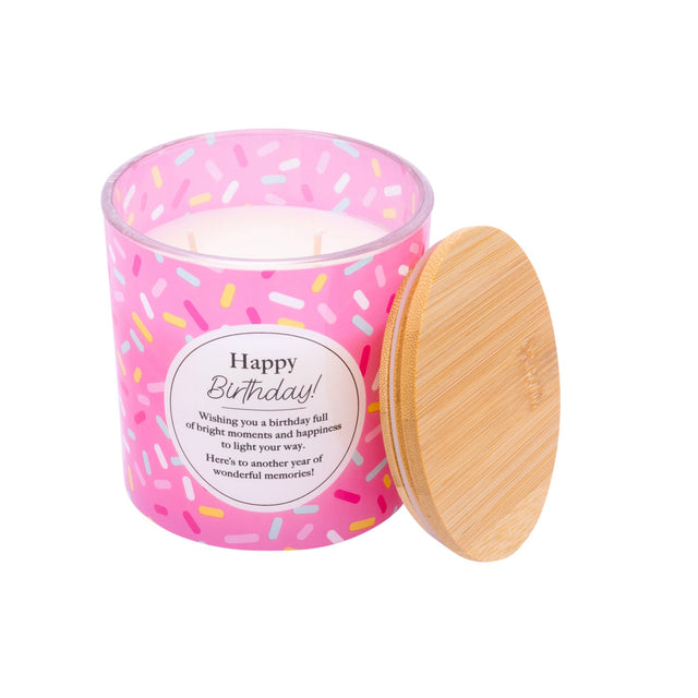 Splosh Happy Birthday 340g scented candle with pink sprinkle design