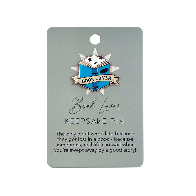 Splosh Book Lover Keepsake Pin on backing card with quote about getting lost in a book