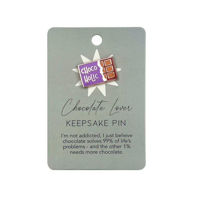 Splosh Chocolate Lover Keepsake Pin on backing card with quote