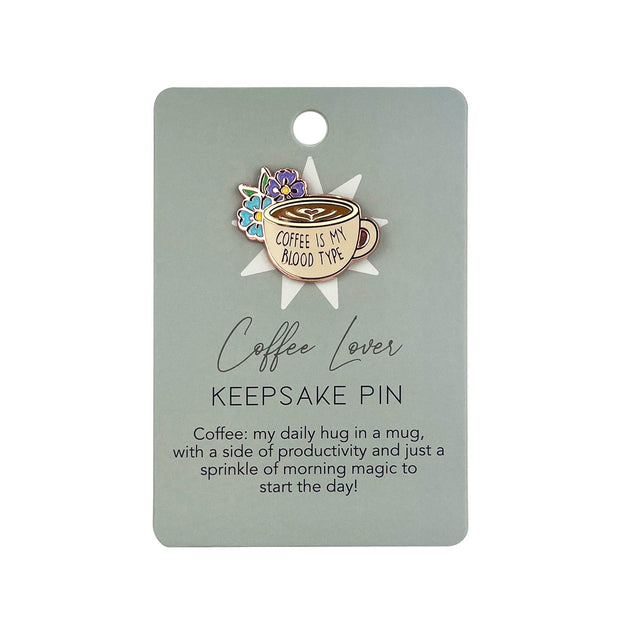 Splosh Coffee Lover Keepsake Pin displayed on backing card with quote