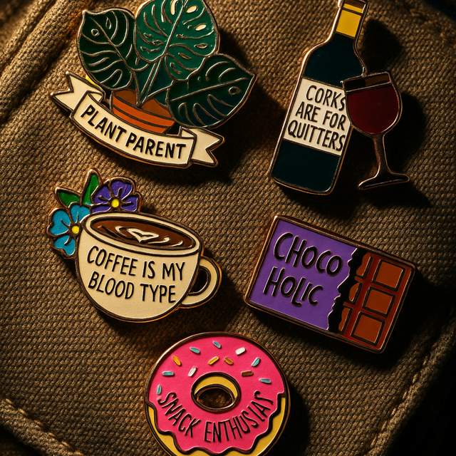 Assorted Splosh Keepsake Pins including Wine Lover, displayed together