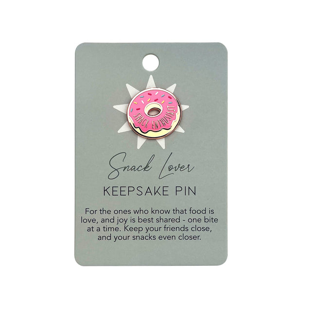 Splosh Snack Lover Keepsake Pin on backing card with quote about food and friendship