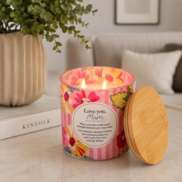 Splosh Mum candle with heartfelt Love You Mum message and floral design
