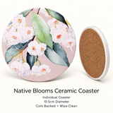 Splosh Native Blooms ceramic coaster with pink floral design and cork backing