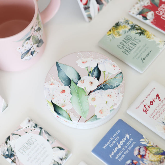 Splosh Native Blooms floral coaster styled with a mug
