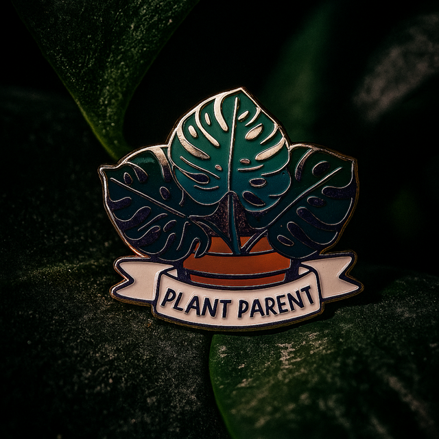 Plant Lover enamel pin resting on green leaves for natural aesthetic