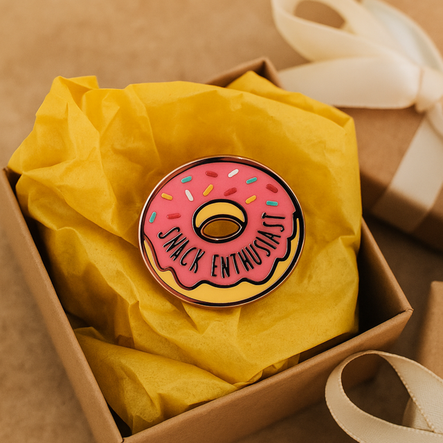 Splosh Snack Lover enamel pin displayed in gift box with yellow tissue paper
