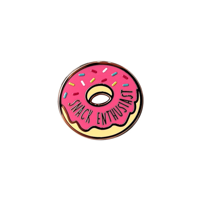 Funny enamel pin badge Snack Lover design with pink icing donut