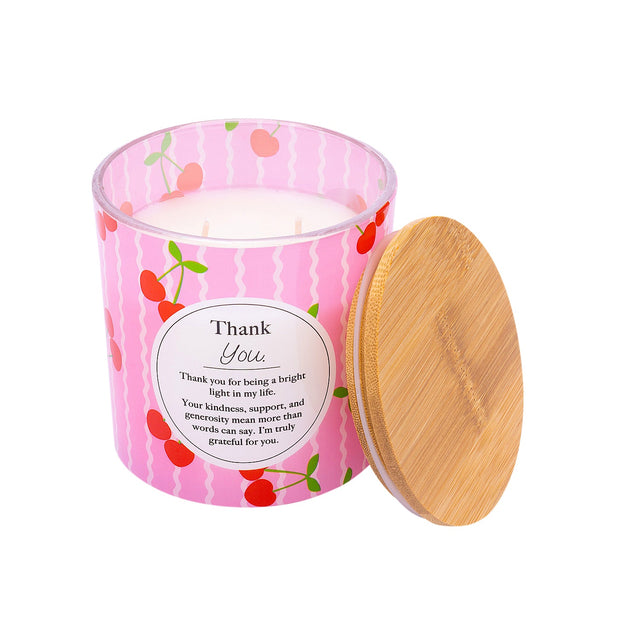 Splosh Thank You 340g scented candle with pink cherry design