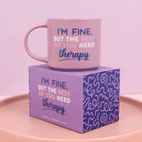 Splosh Cheeky Mug Therapy shown with patterned gift box on pink background, humorous and witty ceramic coffee mug, perfect funny gift idea.