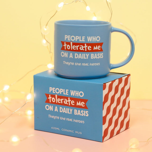 Splosh Cheeky Mug Tolerate with full-colour gift box, blue witty mug for coworkers, friends or family, perfect funny gift idea.