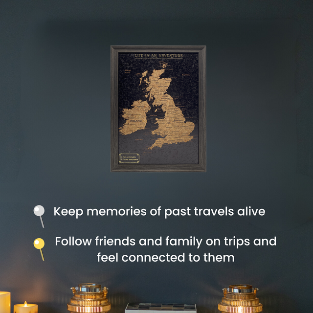 Splosh travel map showing uses for the included gold and silver pins