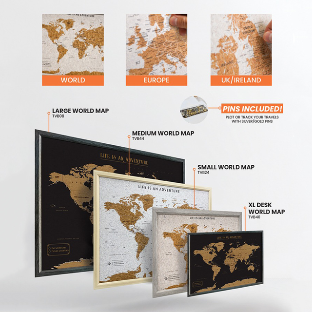 Splosh travel map collection showing World, Europe and UK and Ireland map designs