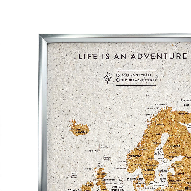 Close-up of the silver frame and top of the Splosh white Europe travel map