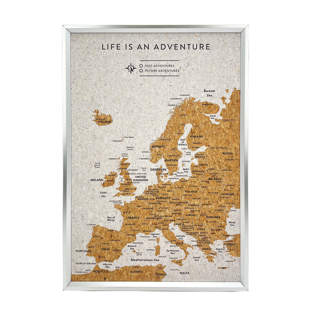 Front view of the Splosh white Europe XL Desk travel map with silver frame