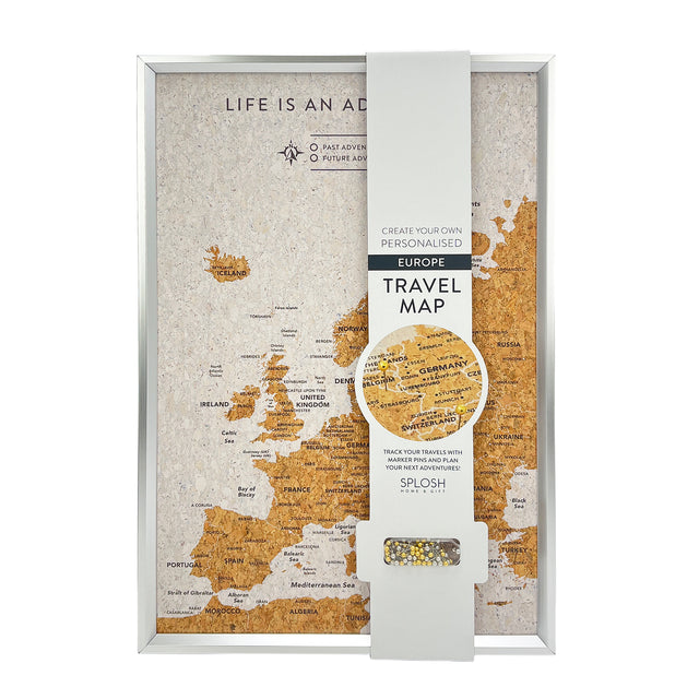 Splosh white Europe XL Desk travel map with silver frame and product packaging