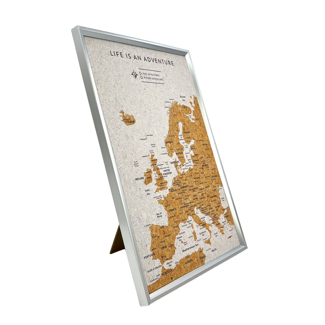 Angled view of the Splosh white Europe XL Desk travel map showing its pull-out stand