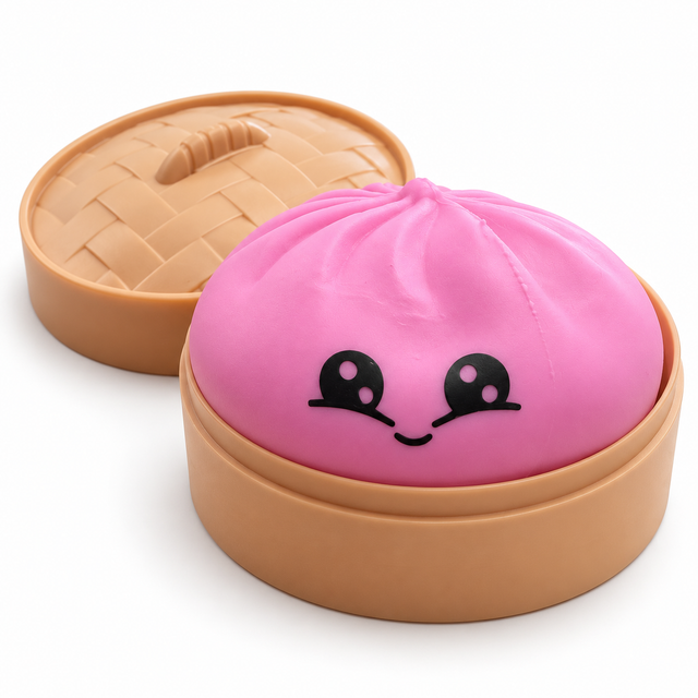 Squeezy Dumpling sensory squishy toy in pink with basket – assorted colour supplied