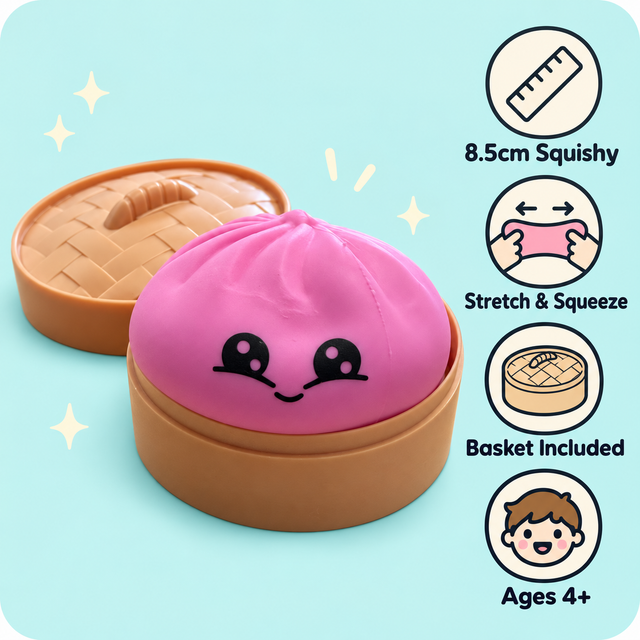Squeezy Dumpling squishy toy features – 8.5cm, stretchable, squeezable and basket included