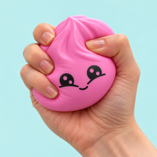 Hand squeezing the 8.5cm Squeezy Dumpling sensory squishy toy