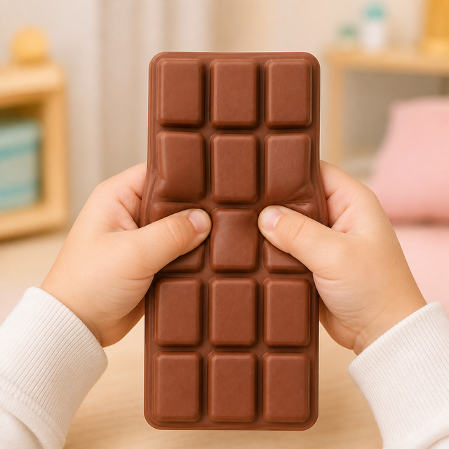 Brown Squooshies chocolate bar sensory toy being squeezed