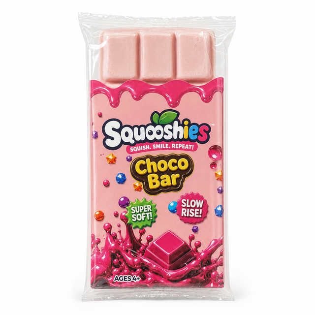 Pink Squooshies chocolate bar slow-rise sensory squishy toy in packaging