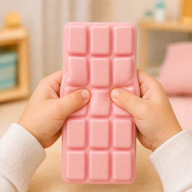 Pink Squooshies chocolate bar sensory toy being squeezed