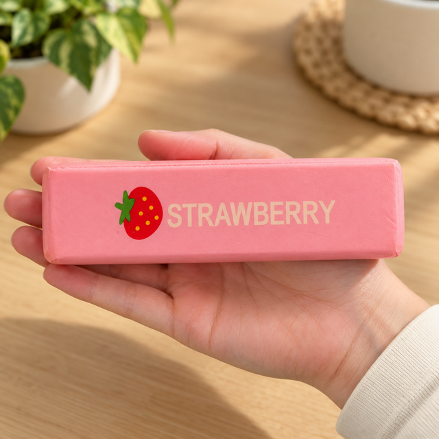 Strawberry butter sensory squishy toy shown in an adult hand for scale