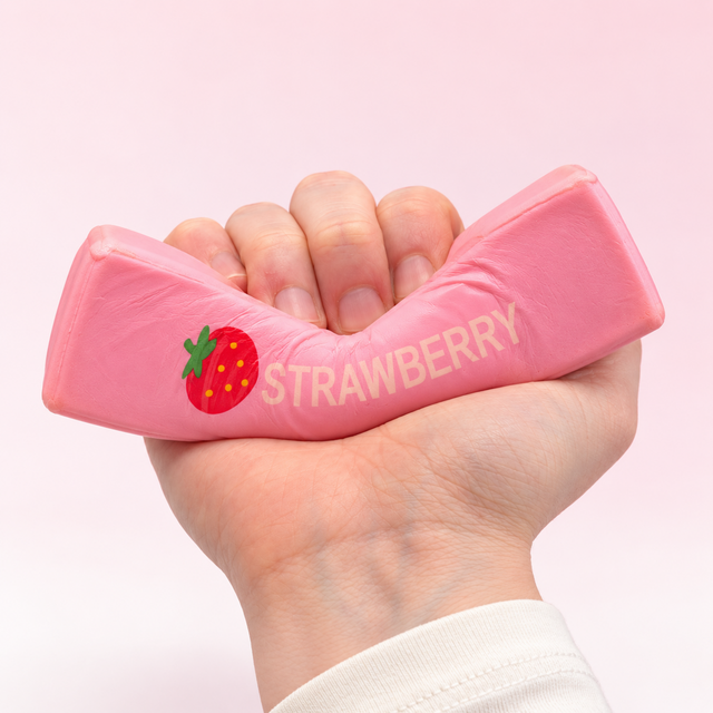 Pink strawberry butter slow-rise squishy toy being squeezed by hand