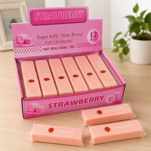 Strawberry Milk Bar Squishy Fidget Toy with realistic pink milk bar design