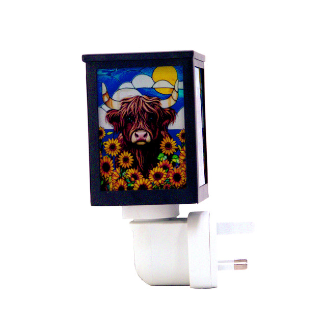 Sunflower highland cow plug in wax melt burner front view showing detailed design