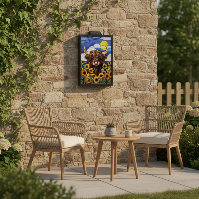 Sunflower Highland cow solar wall art outdoor light