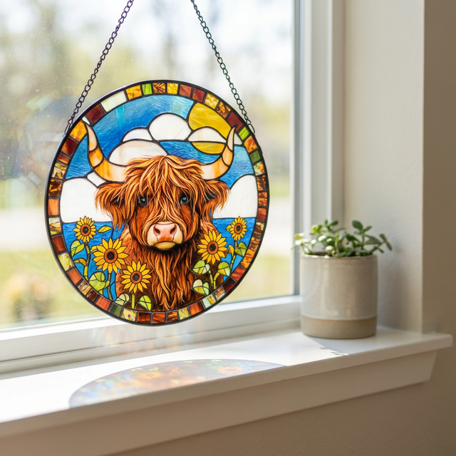 Sunflower Highland cow suncatcher window decoration